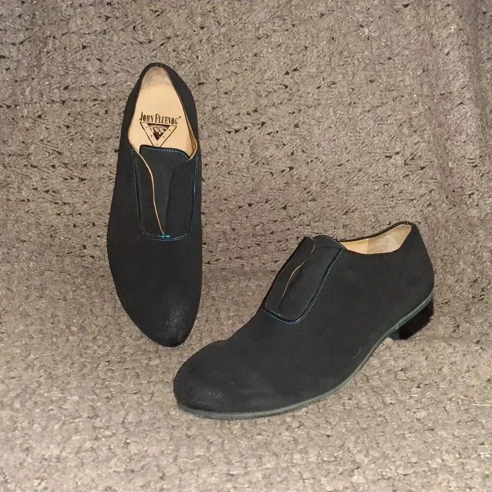 John Fluevog-Kingsley-Black Waxed Suede-Laceless Oxford-Sz 7.5 Men-Near Mint